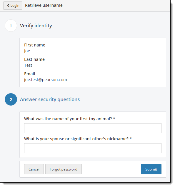 Retrieve usename page. Answer security questions.